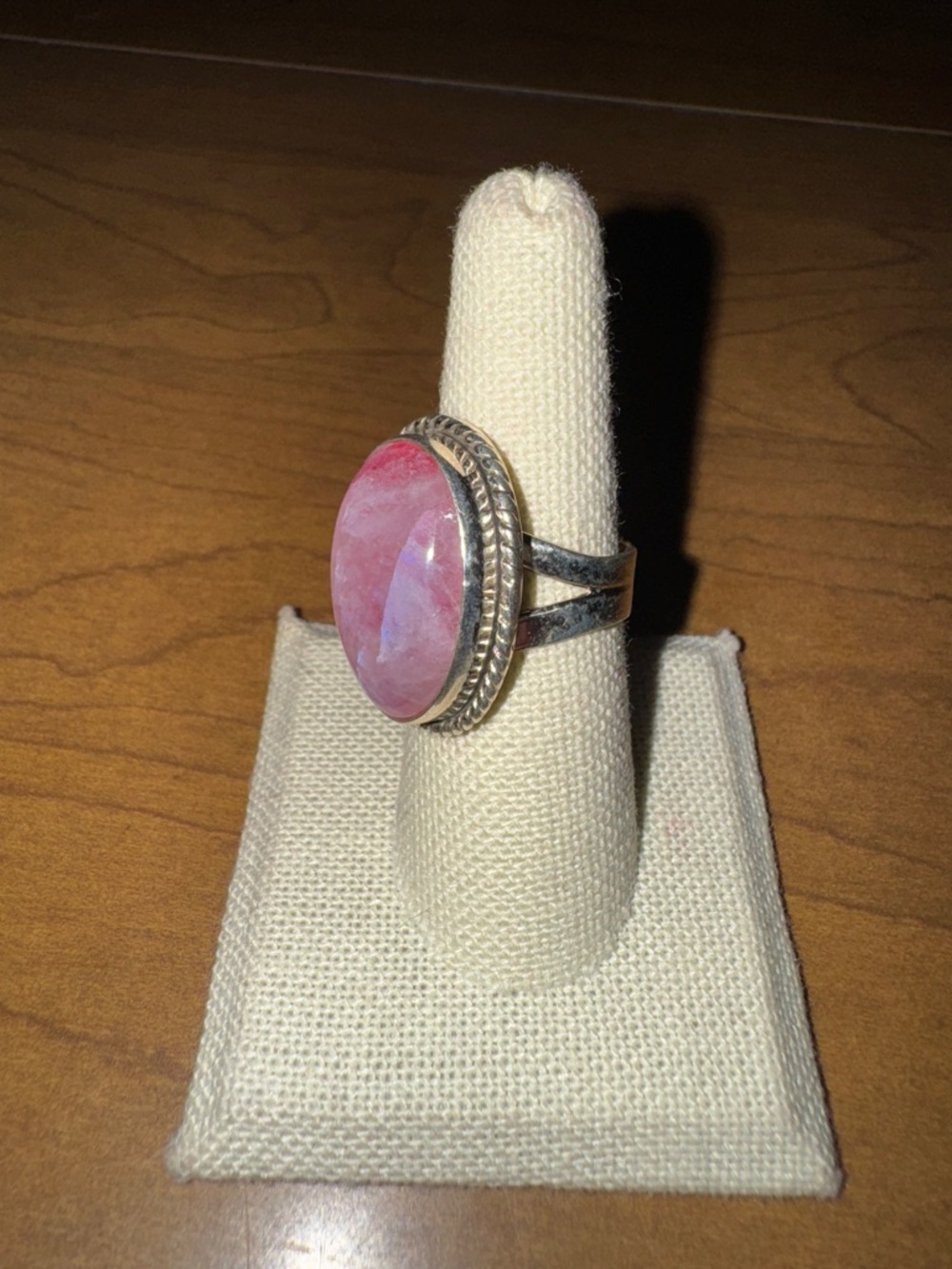 Solid Sterling Silver Pink Moonstone Oval  Rope Bezel Ring - Picture 9 of 10